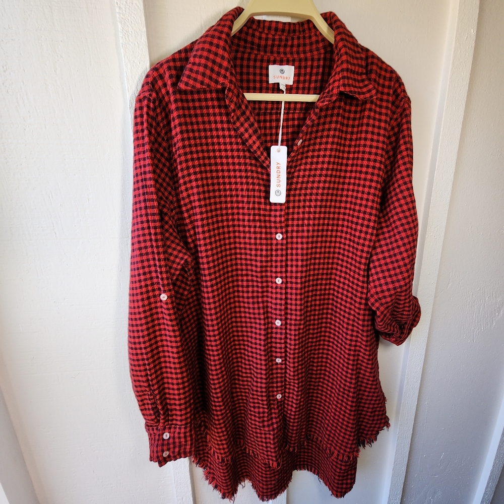 Sundry Red Checkered Button-Up Tunic Raw Hem Cotton Size 1
